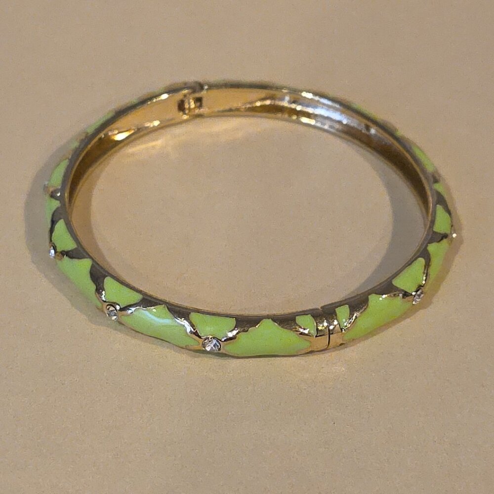 Green Enamel Gold Tone Hinge Bangle Bracelet w/ Rhinestones
